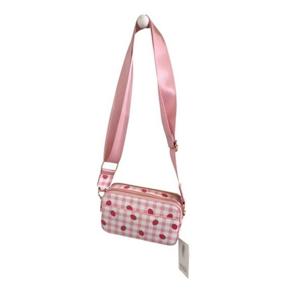 Pink plaid checkered strawberry print gold tone hardware crossbody canvas bag - Picture 1 of 13